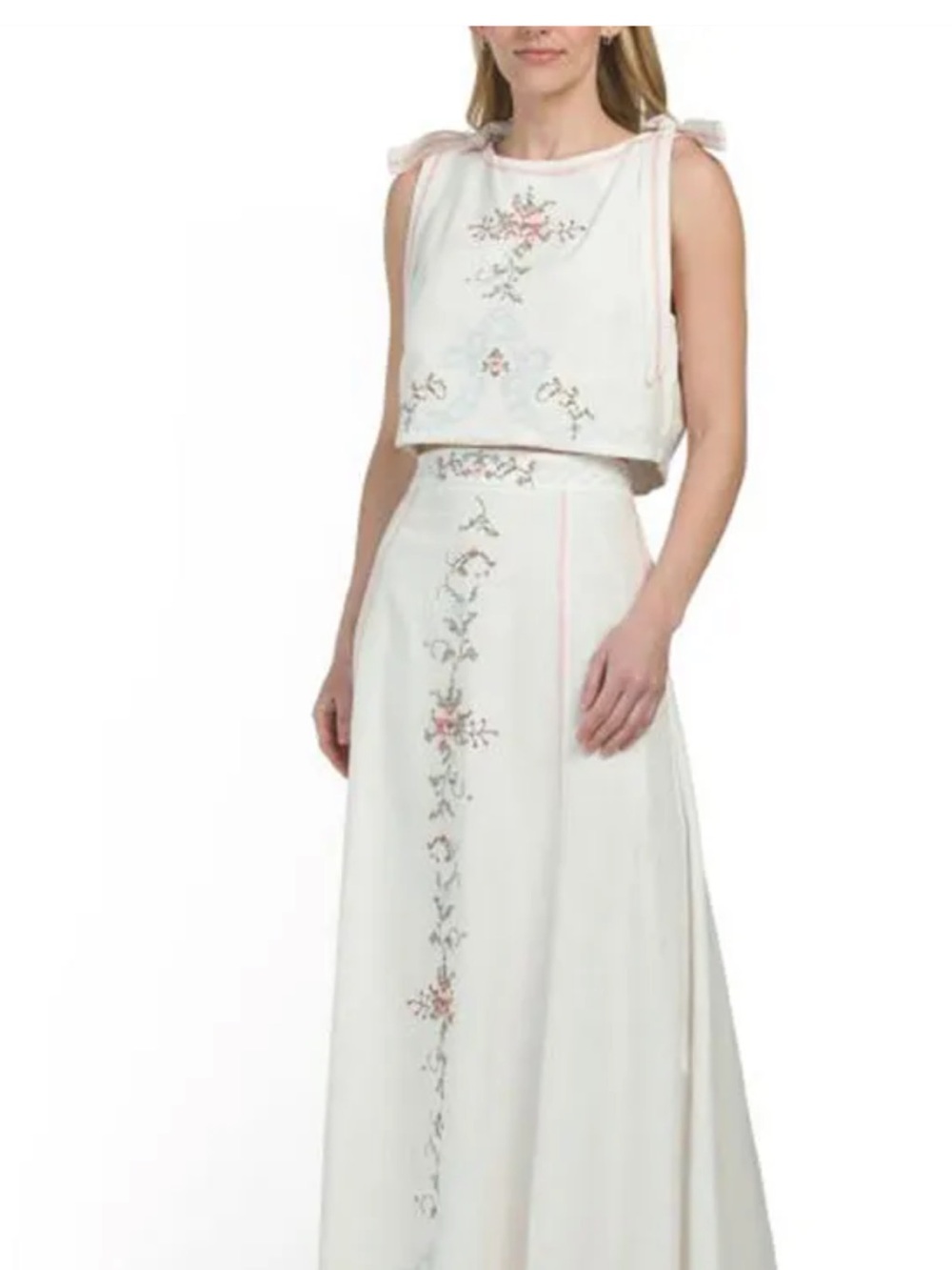 Camila Coelho Cream Embroidered Maxi Top with Pink Accents